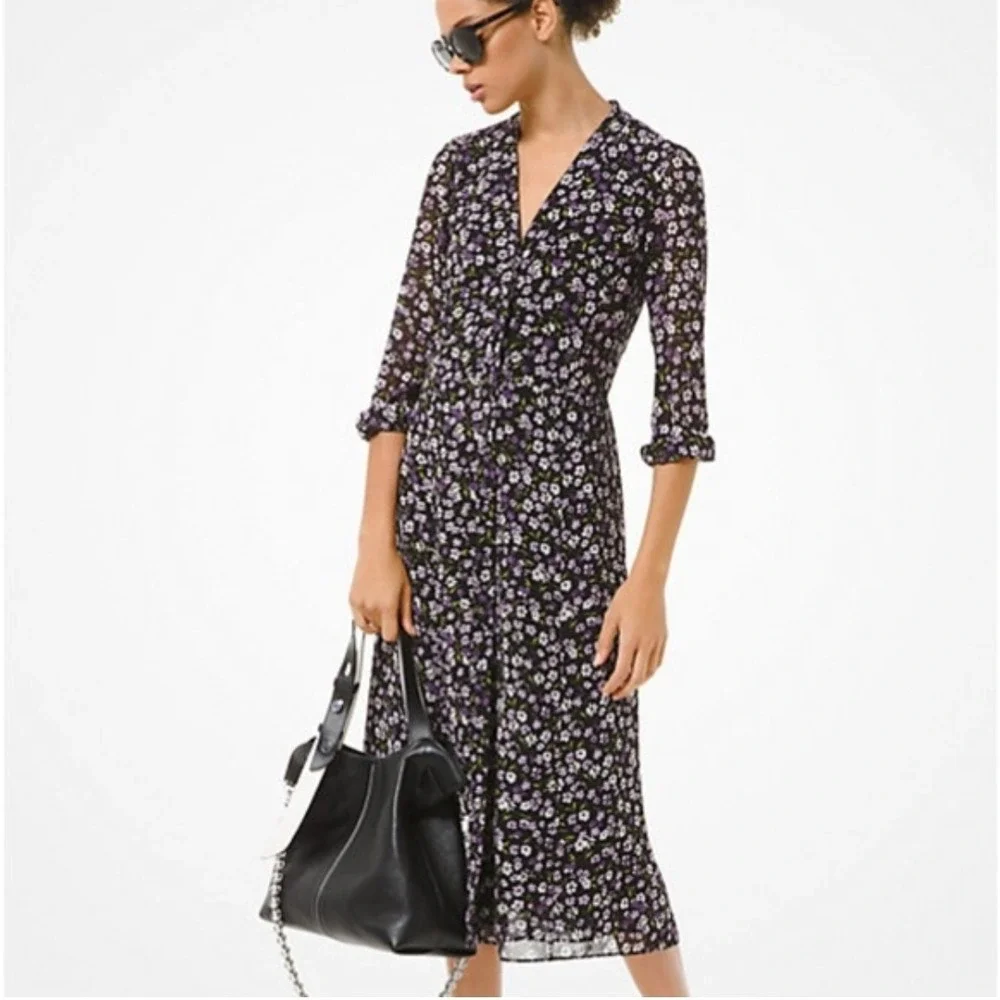 Michael Michael Kors Floral Midi Dress Black Purple LongSleeve Small Cottagecore